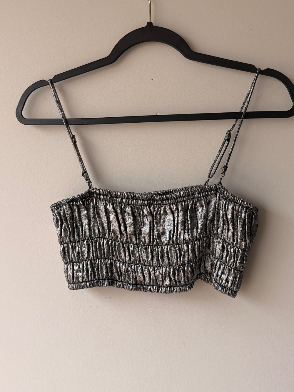 Metallic Silver Smocked Cropped Tank Top